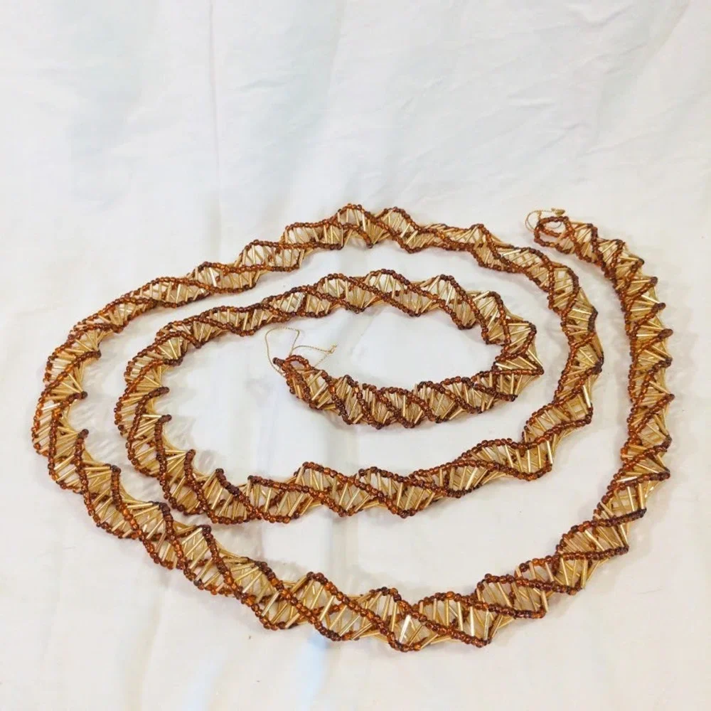 Vintage Christmas Bugle Bead Garland Lot 36 Ft Total 6 Strands Gold Amber